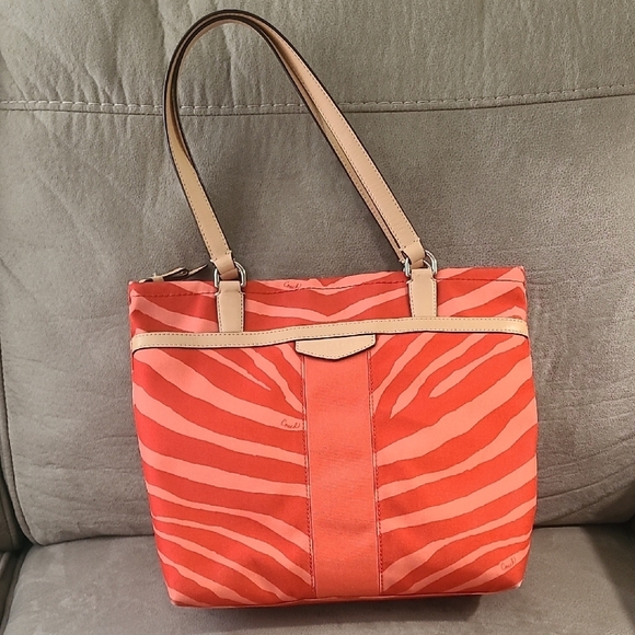 Coach Handbags - Coach Coral Orange Zebra Print Canvas & Leather Tote Bag Worn Used Vtg